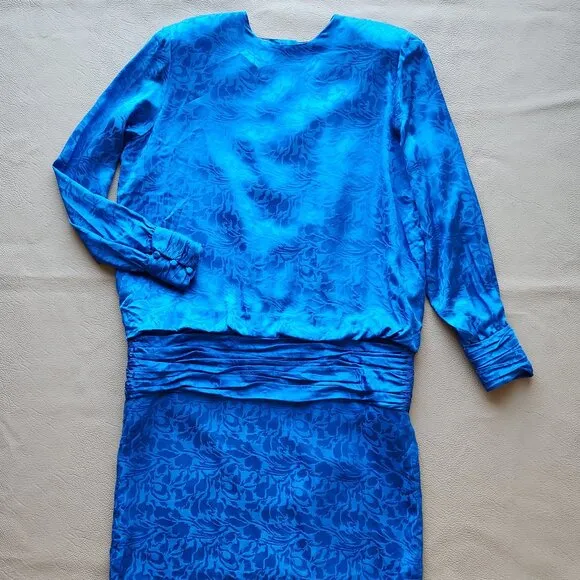 Vintage Silk Studio Cocktail Party Drop Waist Midi Dress Long Sleeve Blue