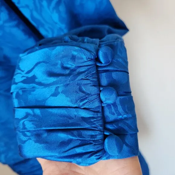 Vintage Silk Studio Cocktail Party Drop Waist Midi Dress Long Sleeve Blue