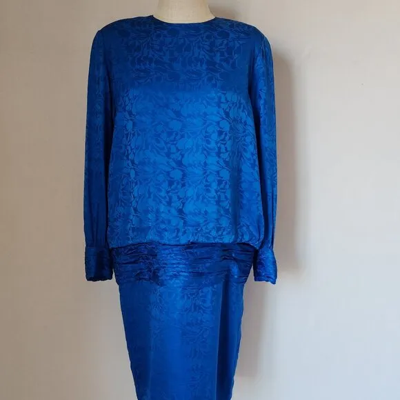 Vintage Silk Studio Cocktail Party Drop Waist Midi Dress Long Sleeve Blue