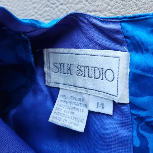 Vintage Silk Studio Cocktail Party Drop Waist Midi Dress Long Sleeve Blue