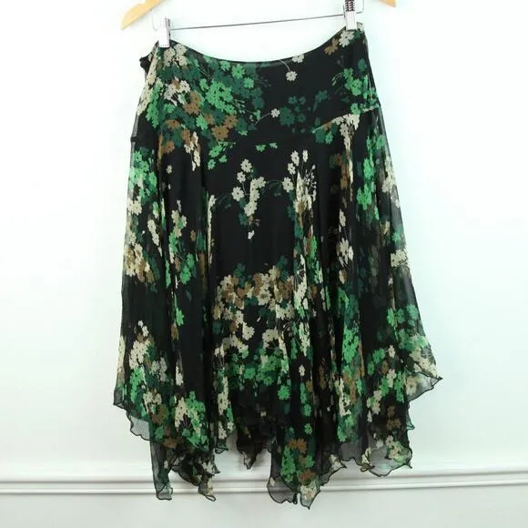 Vintage Skirt 8 M Midi Silk Dark Floral Asymmetric Hem Witchy Whimsigoth Y2K