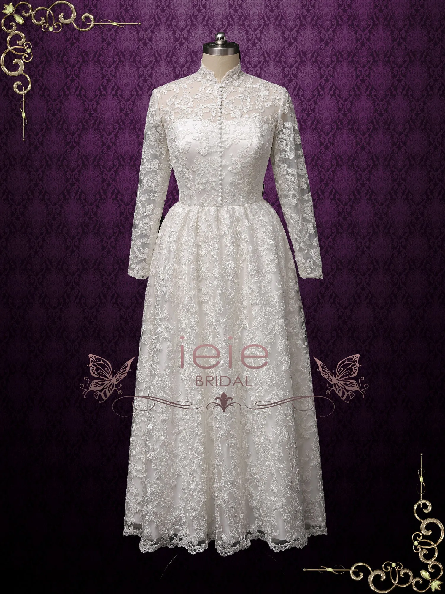 Vintage Style Ankle Length Lace Wedding Dress with Sleeves | CURTISS