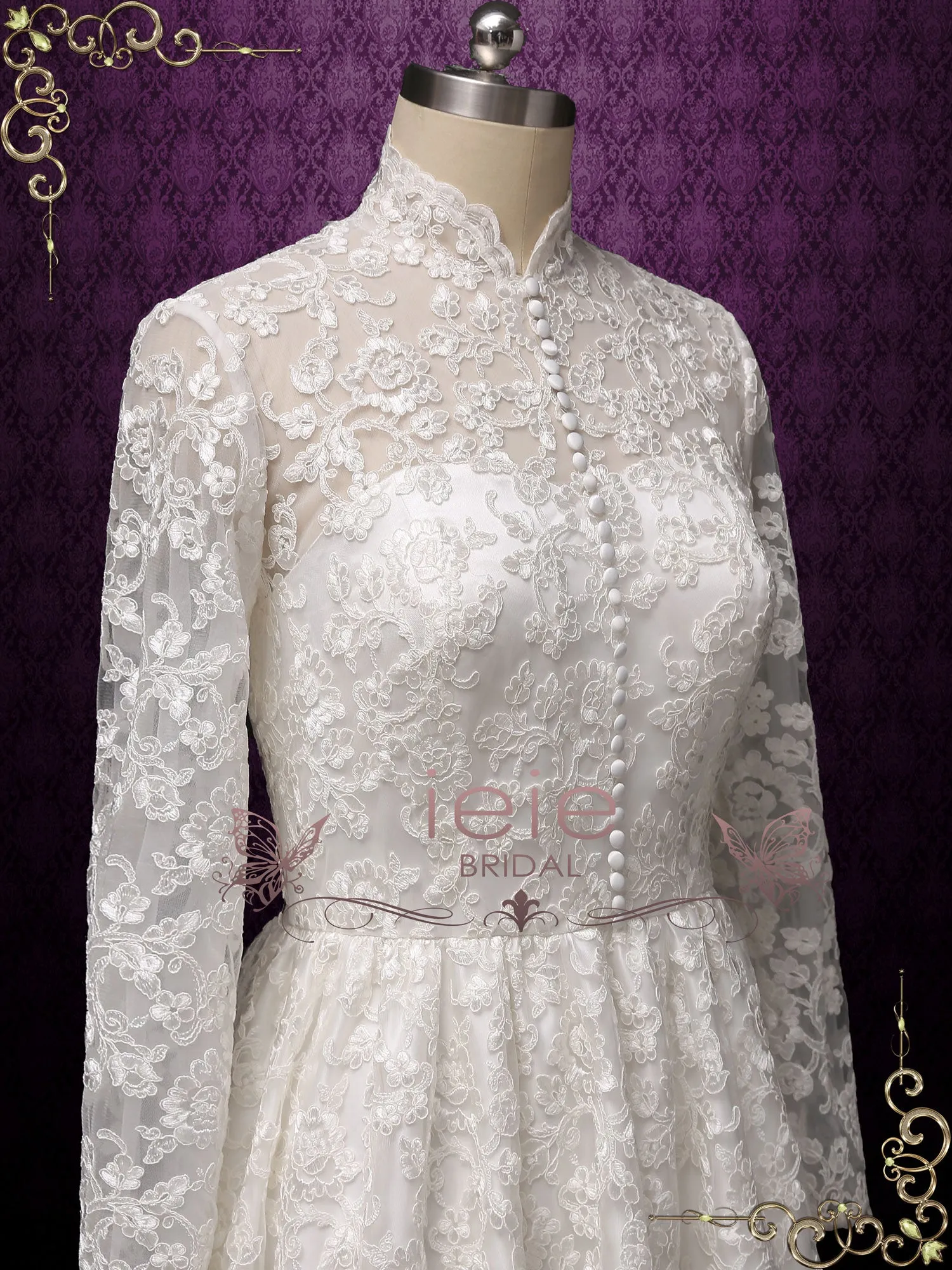 Vintage Style Ankle Length Lace Wedding Dress with Sleeves | CURTISS