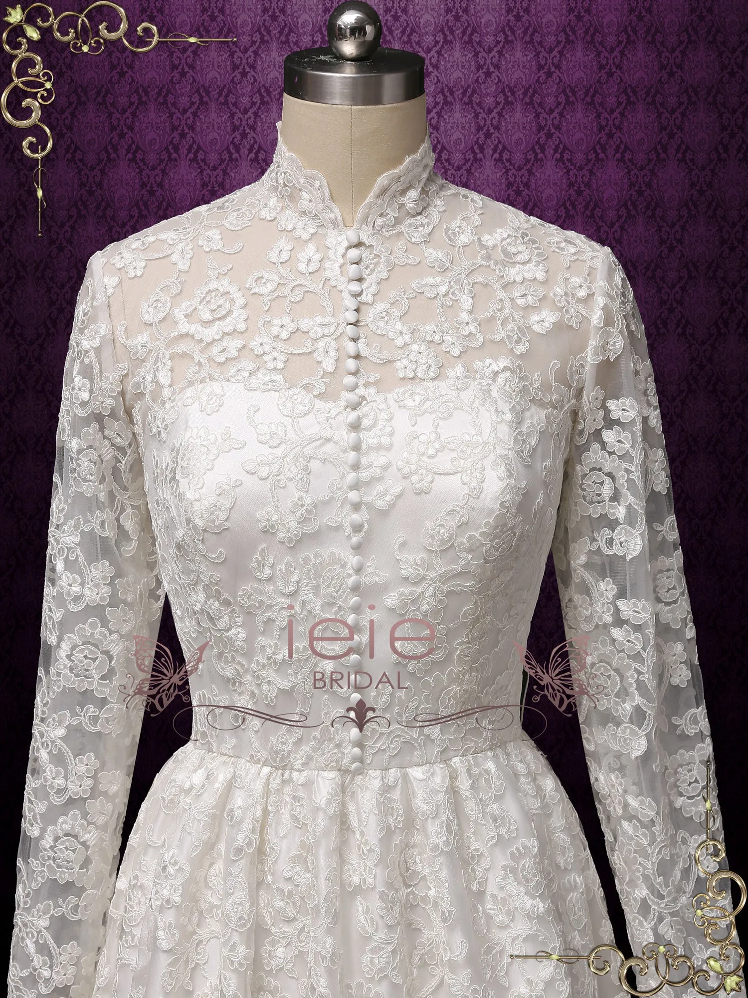 Vintage Style Ankle Length Lace Wedding Dress with Sleeves | CURTISS