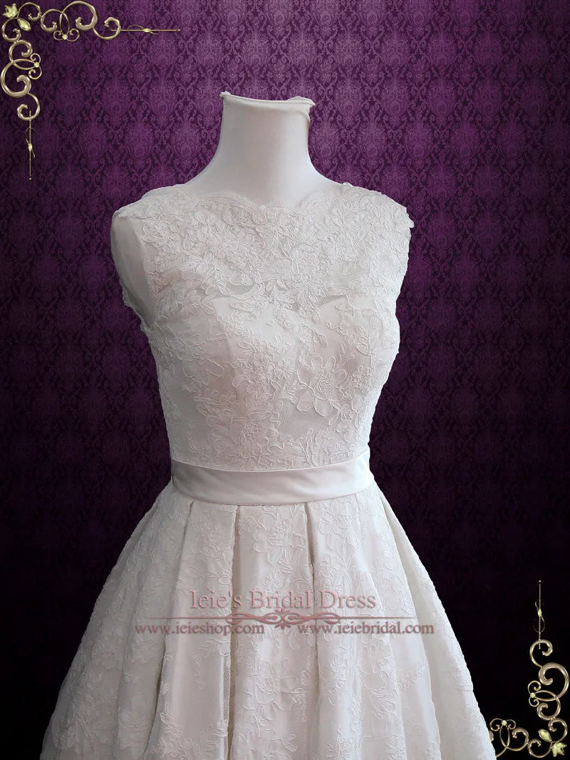 Vintage Style Lace Tea Length Wedding Dress with Pleated Skirt CAROLINE