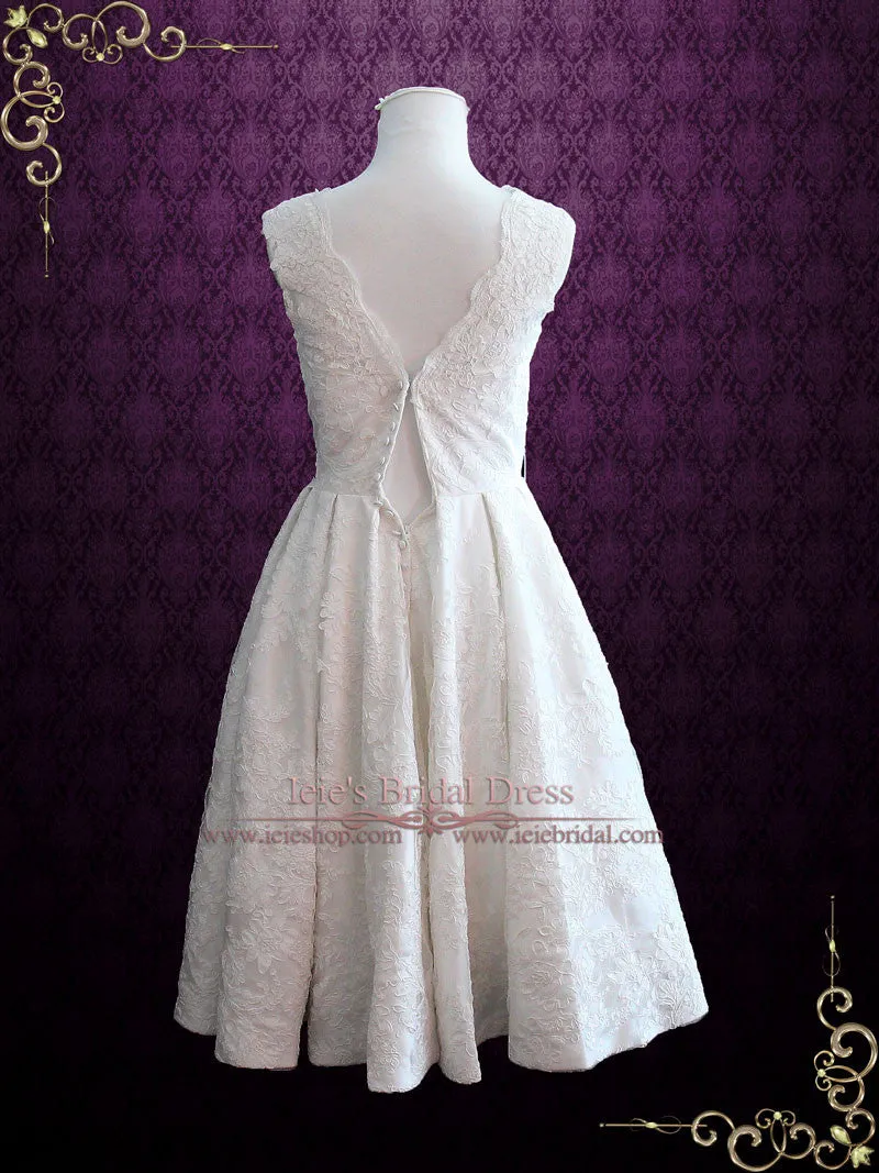 Vintage Style Lace Tea Length Wedding Dress with Pleated Skirt CAROLINE