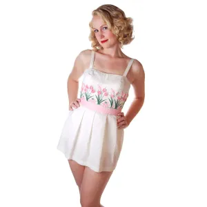 Vintage Swimsuit Tina Leser Pink Pussywillows 1 Piece Skirted 1950S 10