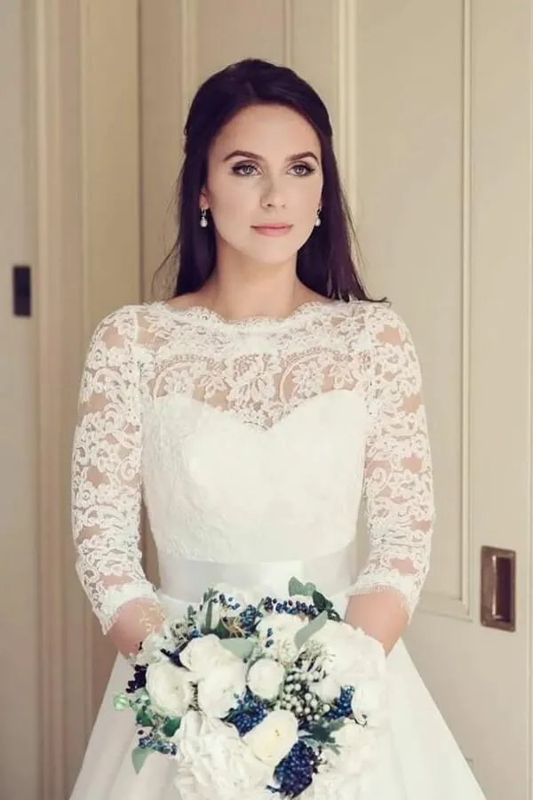Vintage Tulle Lace A-line 3/4 Sleeves Bridal Gowns, Wedding Dresses, MW815