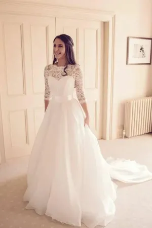 Vintage Tulle Lace A-line 3/4 Sleeves Bridal Gowns, Wedding Dresses, MW815