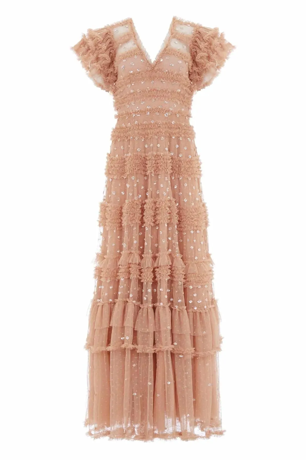 Vintage Tulle Prom Dresses Deep V-Neck Tiered A-Line Puff Sleeves Dotted Formal Occasion Dresses