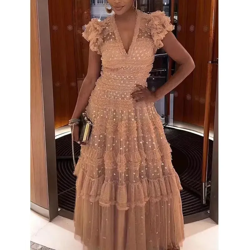 Vintage Tulle Prom Dresses Deep V-Neck Tiered A-Line Puff Sleeves Dotted Formal Occasion Dresses