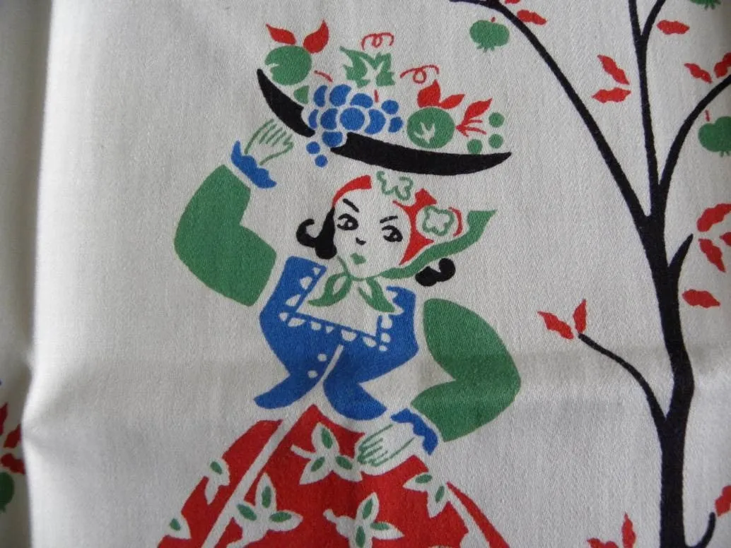 Vintage Unused Broderie Woman with Fruit Tea Towel