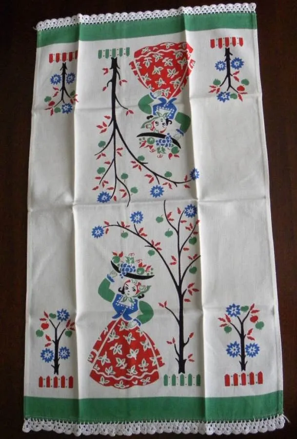 Vintage Unused Broderie Woman with Fruit Tea Towel