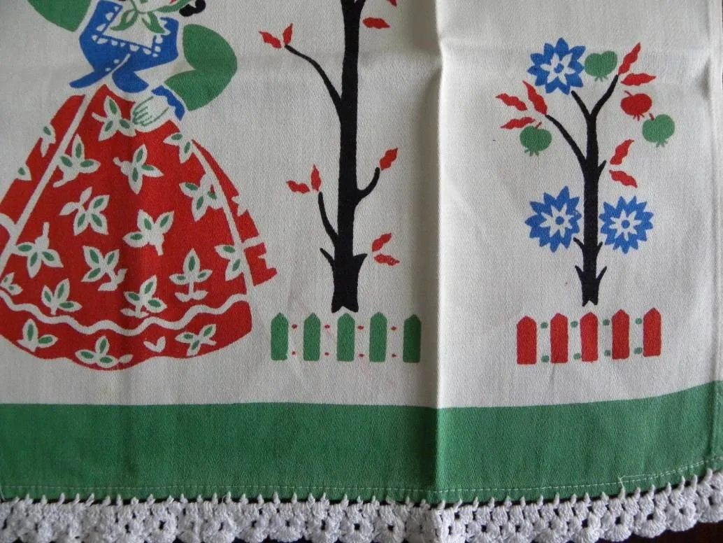 Vintage Unused Broderie Woman with Fruit Tea Towel