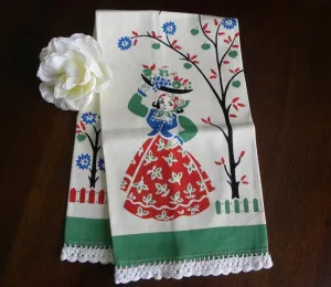 Vintage Unused Broderie Woman with Fruit Tea Towel