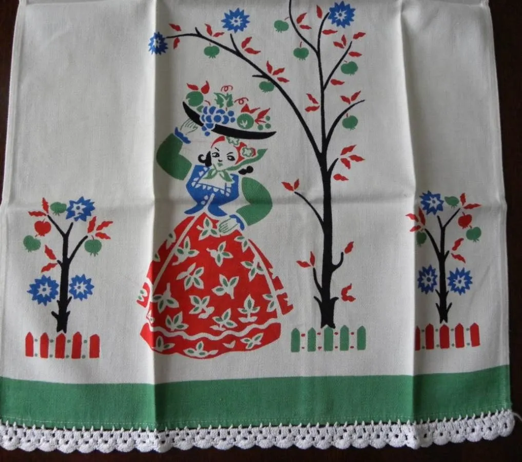 Vintage Unused Broderie Woman with Fruit Tea Towel