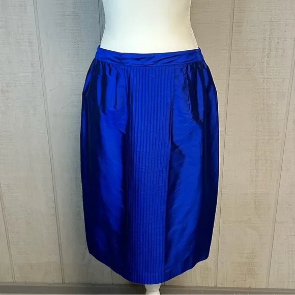 Vintage Womens 100% Silk Midi Skirt Size M Zip Lined Handmade Metallic Blue Luxe