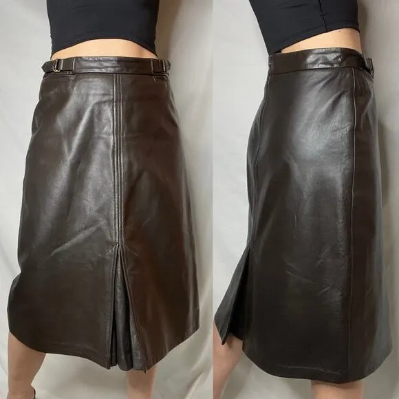 Vintage Y2K Gap dark brown leather midi skirt kick center pleat pleated M