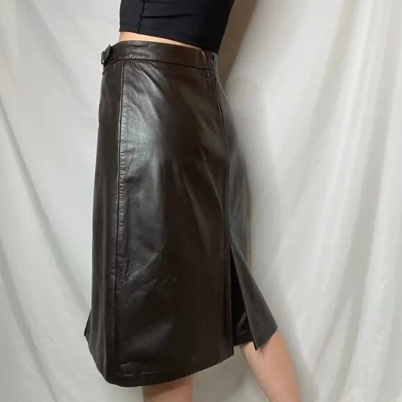 Vintage Y2K Gap dark brown leather midi skirt kick center pleat pleated M