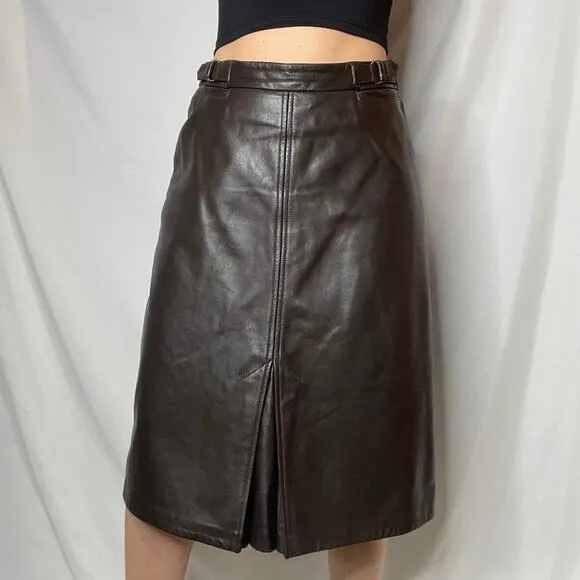 Vintage Y2K Gap dark brown leather midi skirt kick center pleat pleated M
