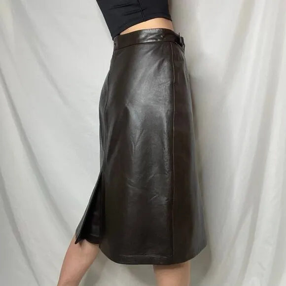 Vintage Y2K Gap dark brown leather midi skirt kick center pleat pleated M