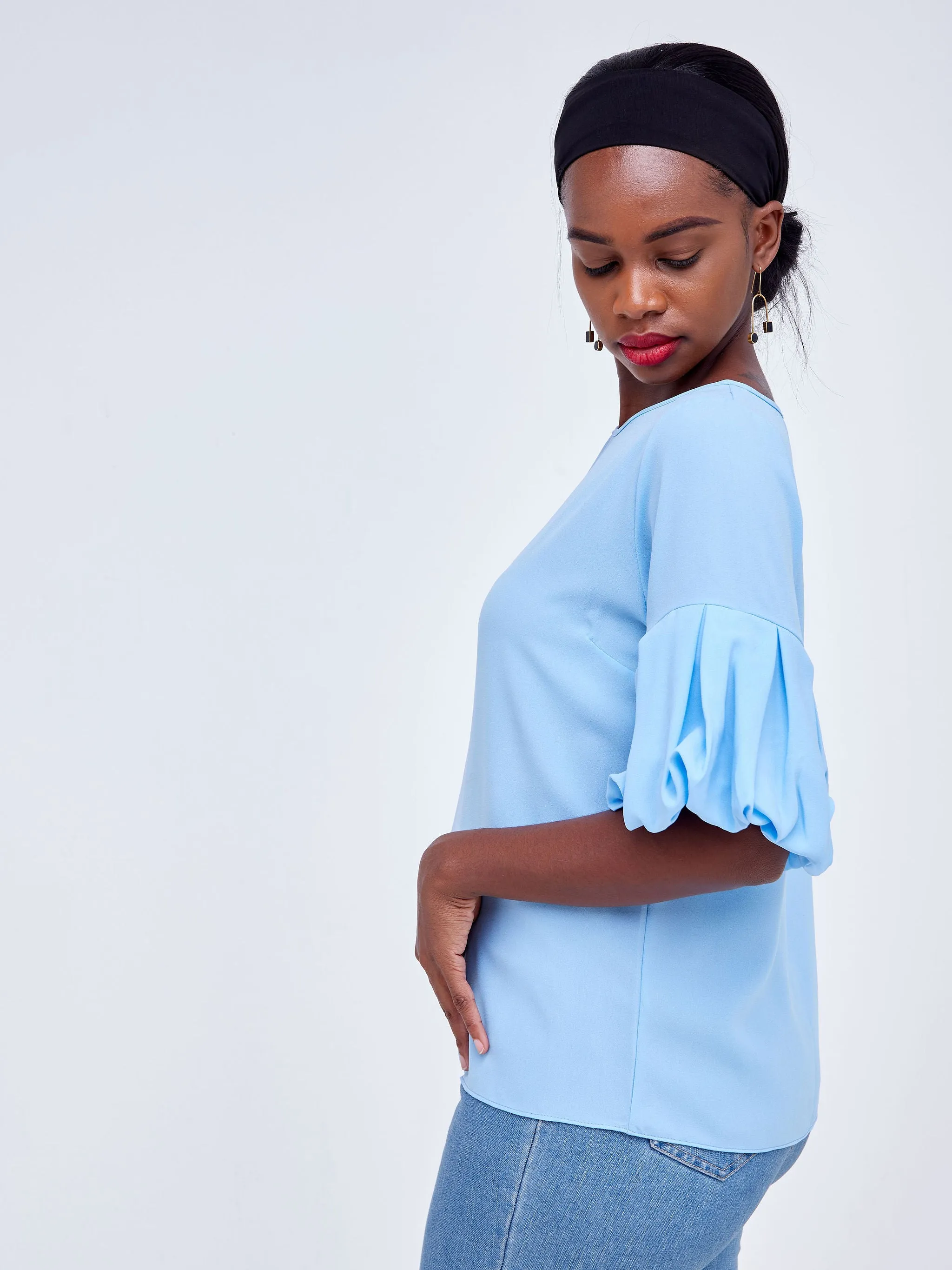 Vivo Basic Boundneck Puff Sleeve Top - Baby Blue
