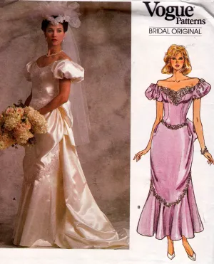 Vogue Bridal Original 1828 Womens Bridal Gown with Train or Ankle Length Flounce & Puff Sleeves 1980s Vintage Sewing Pattern Size 12 Bust 34 Inches