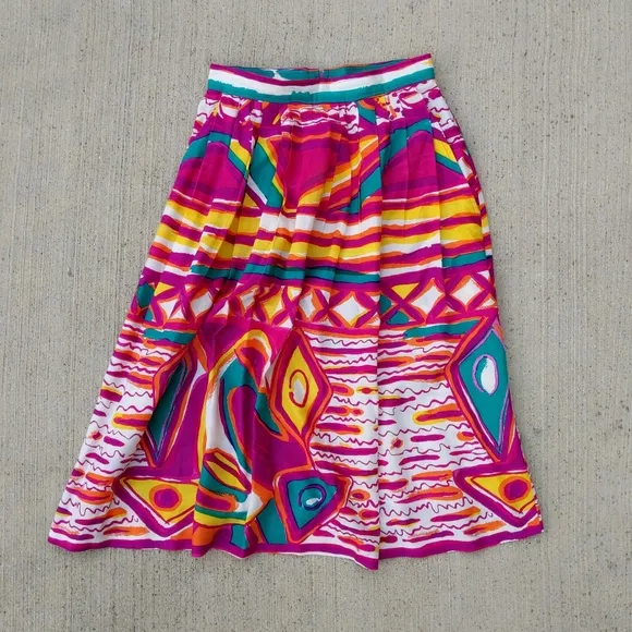 Vtg 90s Bright Rainbow Graphic Pleated Swing Skirt