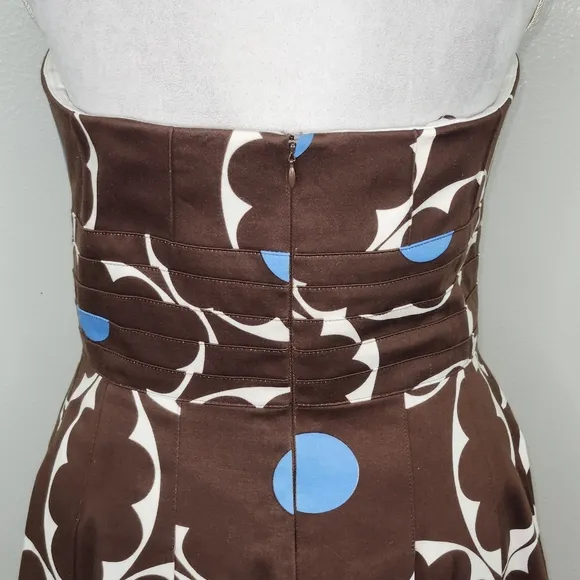 VTG Kay Unger Brown &amp; Blue Polka Dot Strapless Fit &amp; Flare Pleated Hem Dress 12