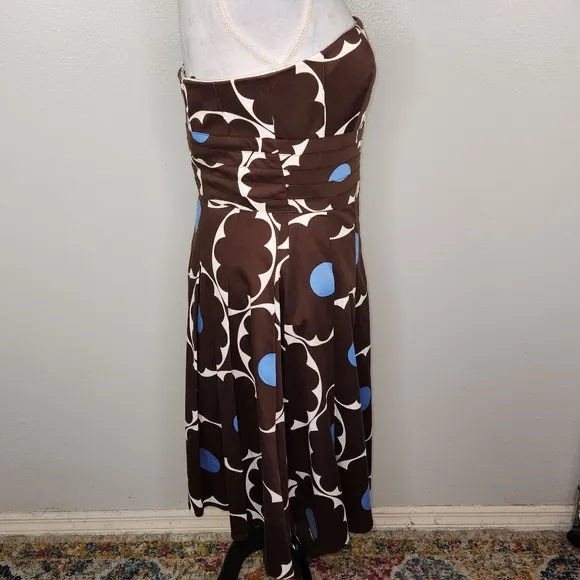 VTG Kay Unger Brown &amp; Blue Polka Dot Strapless Fit &amp; Flare Pleated Hem Dress 12