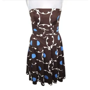 VTG Kay Unger Brown &amp; Blue Polka Dot Strapless Fit &amp; Flare Pleated Hem Dress 12