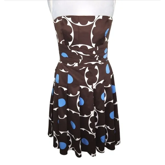 VTG Kay Unger Brown &amp; Blue Polka Dot Strapless Fit &amp; Flare Pleated Hem Dress 12