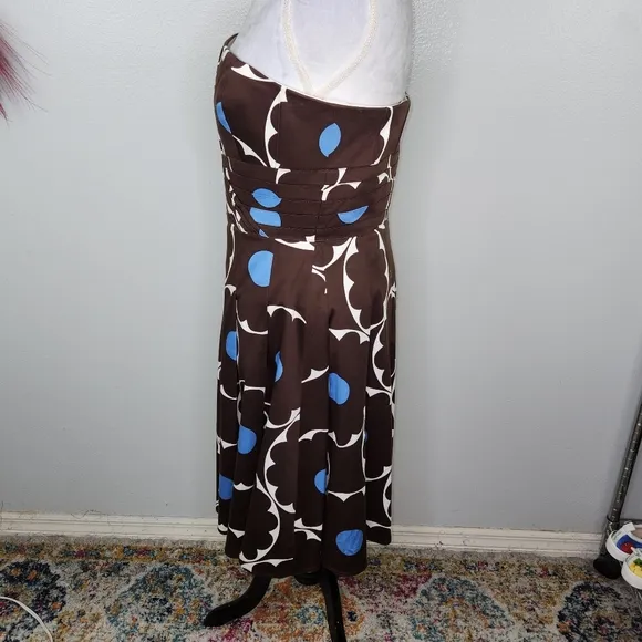 VTG Kay Unger Brown &amp; Blue Polka Dot Strapless Fit &amp; Flare Pleated Hem Dress 12