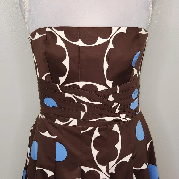 VTG Kay Unger Brown &amp; Blue Polka Dot Strapless Fit &amp; Flare Pleated Hem Dress 12