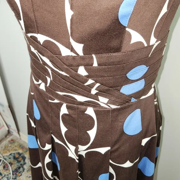 VTG Kay Unger Brown &amp; Blue Polka Dot Strapless Fit &amp; Flare Pleated Hem Dress 12
