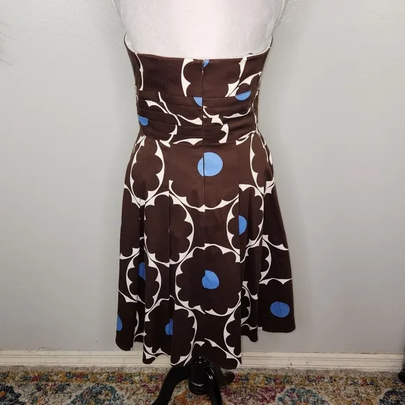 VTG Kay Unger Brown &amp; Blue Polka Dot Strapless Fit &amp; Flare Pleated Hem Dress 12