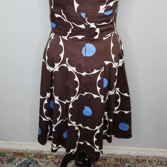 VTG Kay Unger Brown &amp; Blue Polka Dot Strapless Fit &amp; Flare Pleated Hem Dress 12
