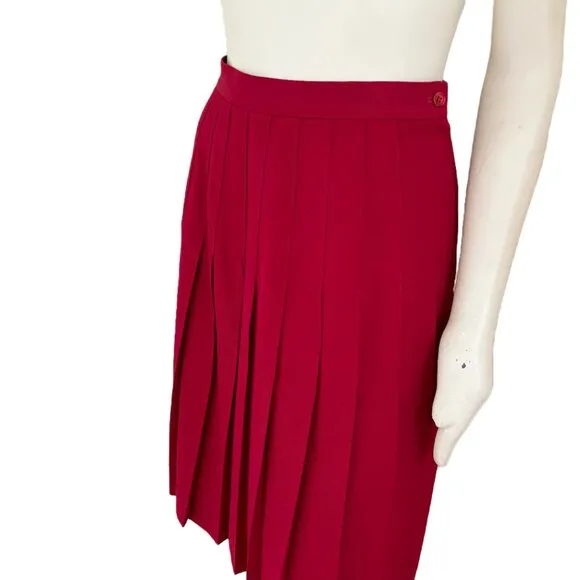 VTG SUSAN BRISTOL Pure Wool Below Knee Pleated A-line Kilt Skirt in Red SZ S
