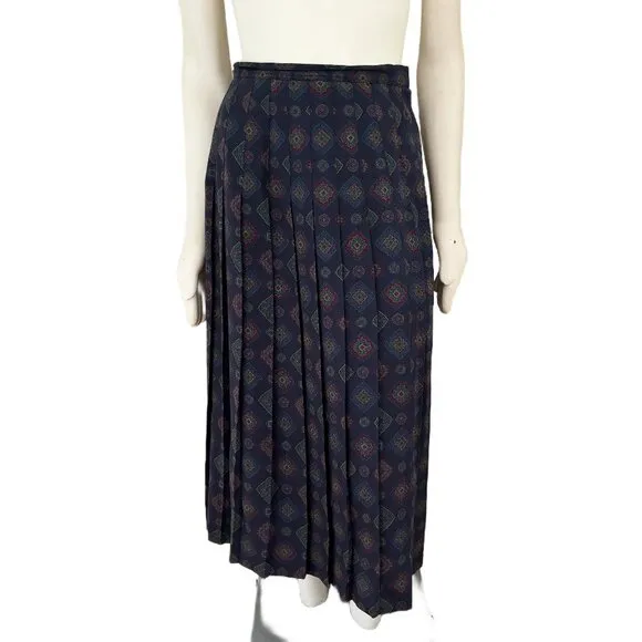 VTG WOOLF BROTHERS Medallion Print Pleated Long Midi Skirt in Dark Blue SZ S