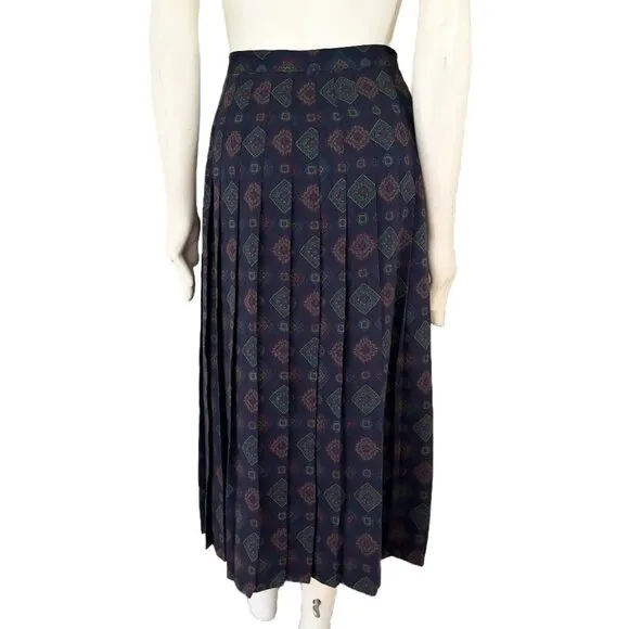 VTG WOOLF BROTHERS Medallion Print Pleated Long Midi Skirt in Dark Blue SZ S