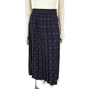 VTG WOOLF BROTHERS Medallion Print Pleated Long Midi Skirt in Dark Blue SZ S