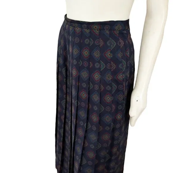 VTG WOOLF BROTHERS Medallion Print Pleated Long Midi Skirt in Dark Blue SZ S