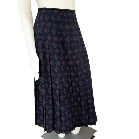 VTG WOOLF BROTHERS Medallion Print Pleated Long Midi Skirt in Dark Blue SZ S