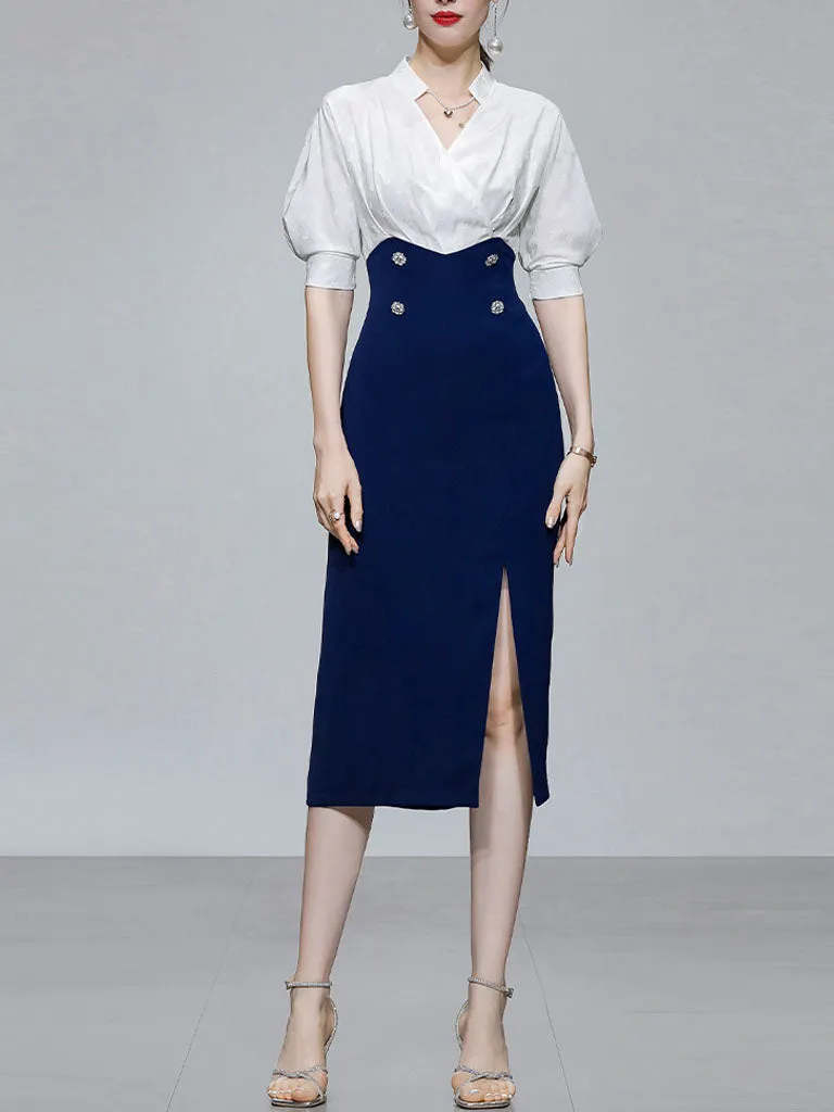 White And Navy Lantern Sleeve Slit Dress Vintage 1940S Dress