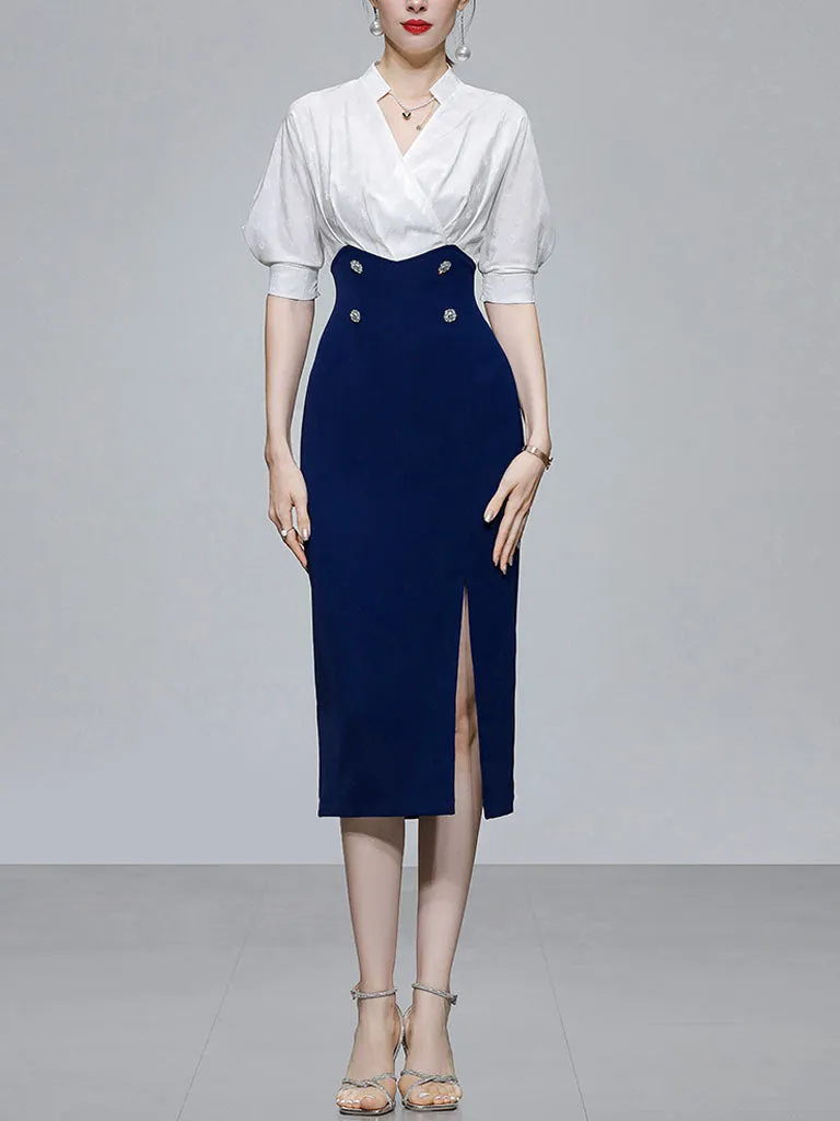 White And Navy Lantern Sleeve Slit Dress Vintage 1940S Dress
