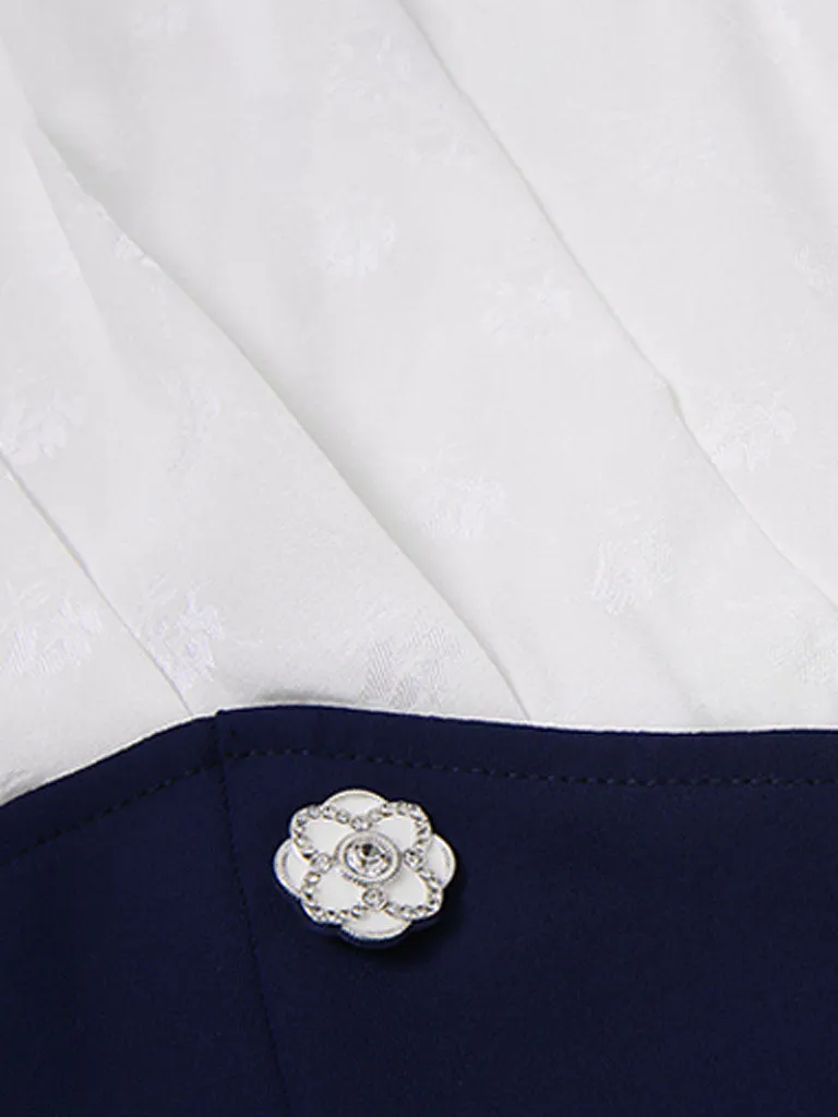 White And Navy Lantern Sleeve Slit Dress Vintage 1940S Dress