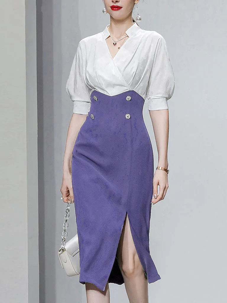 White And Navy Lantern Sleeve Slit Dress Vintage 1940S Dress