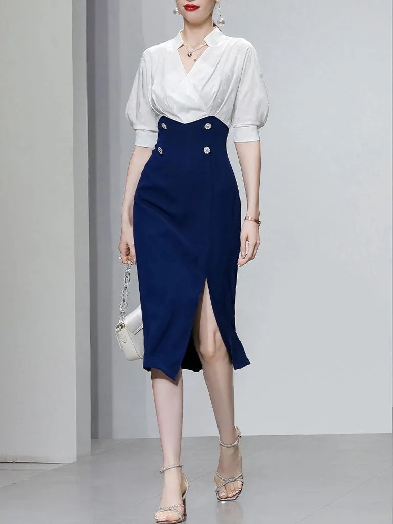 White And Navy Lantern Sleeve Slit Dress Vintage 1940S Dress