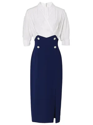 White And Navy Lantern Sleeve Slit Dress Vintage 1940S Dress