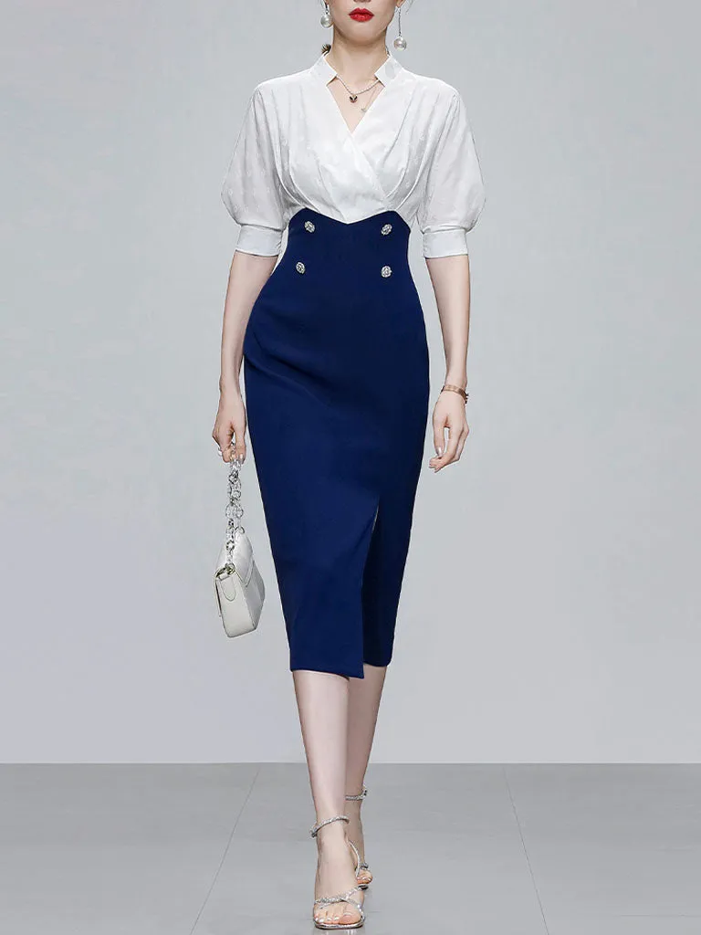 White And Navy Lantern Sleeve Slit Dress Vintage 1940S Dress